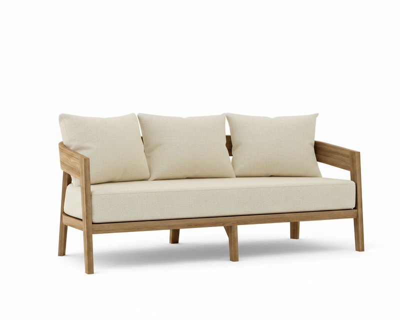 Toscana teak sofa with linen canvas cushions on a white background.