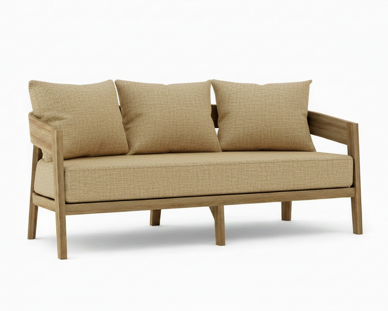 Toscana teak sofa with linen sesame cushions on a white background.