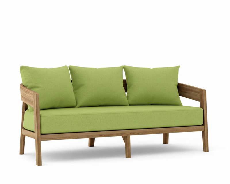 Toscana teak sofa with macaw cushions on a white background.