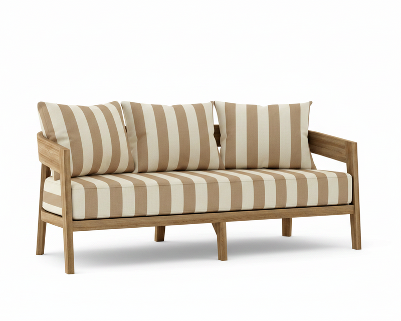 Toscana teak sofa with maxim heather beige cushions on a white background.