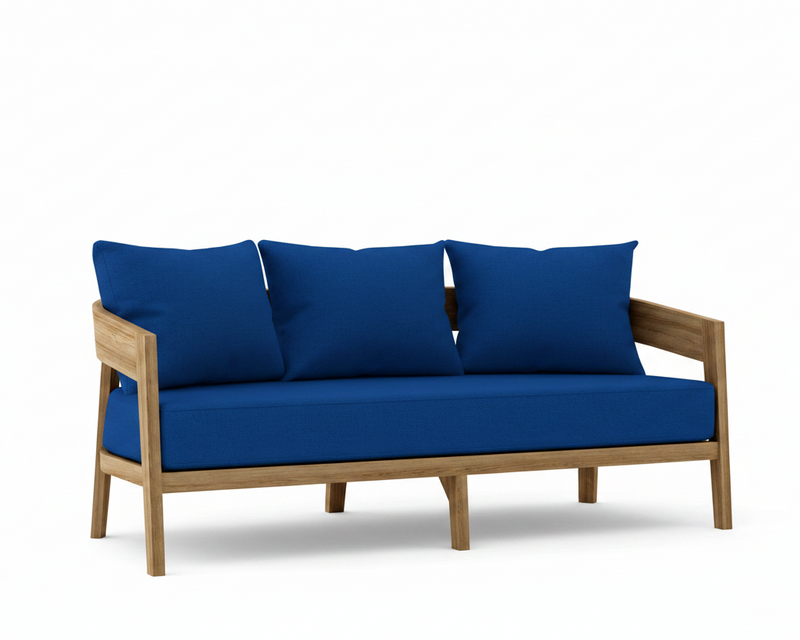 Toscana teak sofa with pacific blue cushions on a white background.