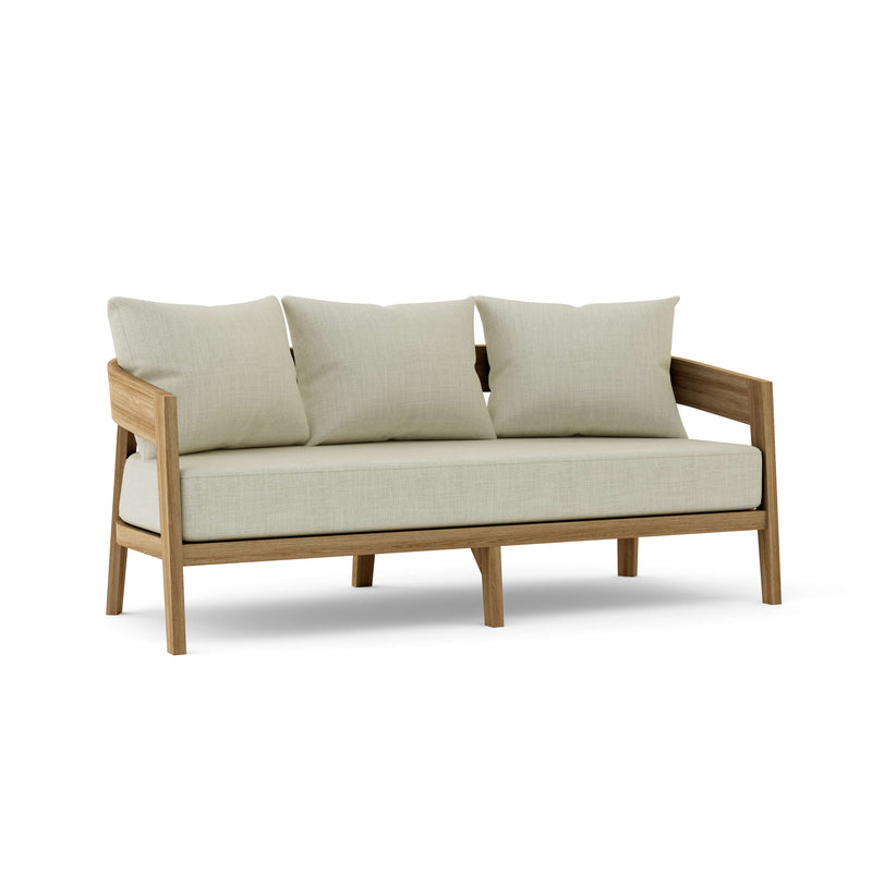 Toscana teak sofa with natural cushions on a white background.