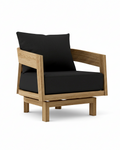 Toscana teak swivel chair with black cushion on white background.  