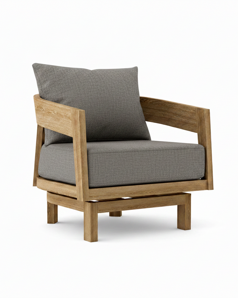 Toscana teak swivel chair with bliss smoke cushion on white background.  