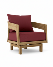 Toscana teak swivel chair with burgundy cushion on white background.  