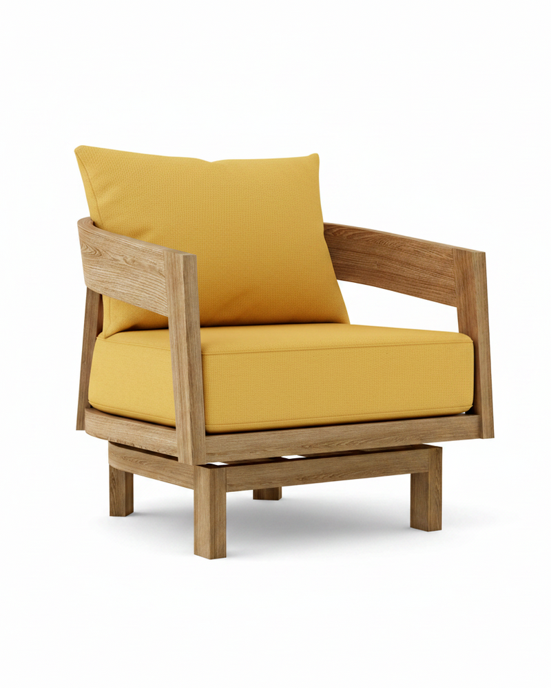 Toscana teak swivel chair with buttercup cushion on white background.  