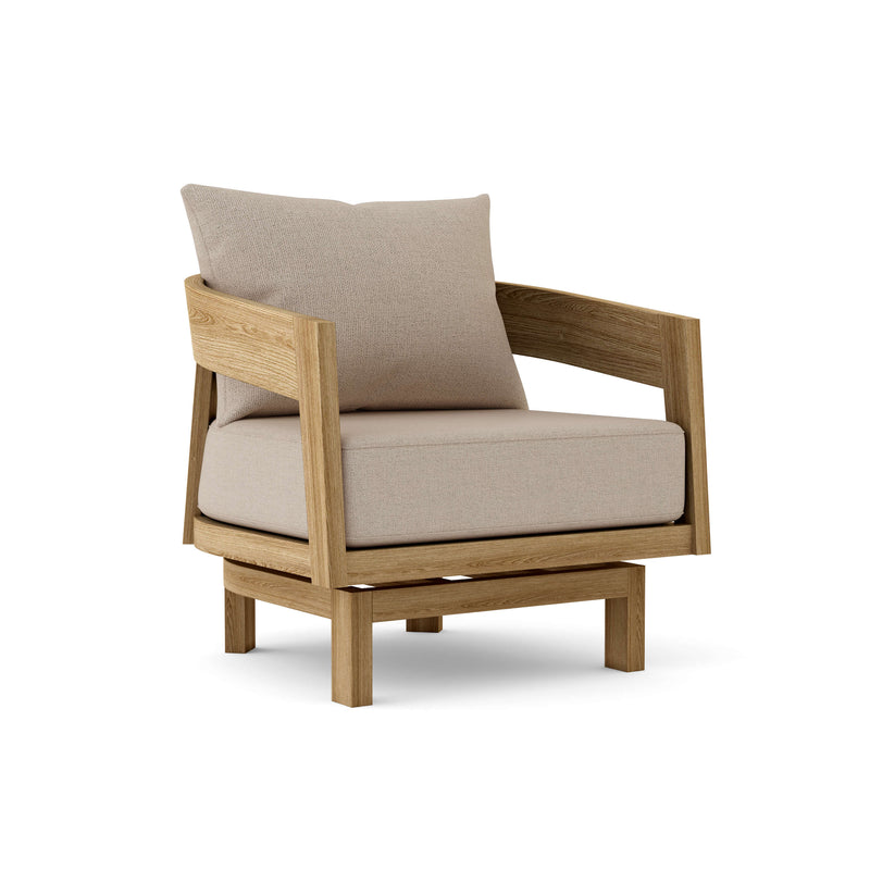 Toscana teak swivel chair with cast ash cushion on white background.  