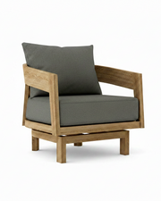 Toscana teak swivel chair with cast charcoal cushion on white background.  