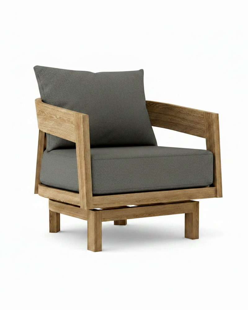 Toscana teak swivel chair with cast charcoal cushion on white background.  