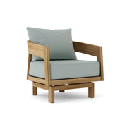 Toscana teak swivel chair with cast mist cushion on white background.  