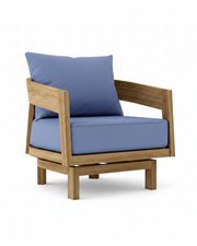 Toscana teak swivel chair with cast ocean cushion on white background.  