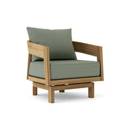 Toscana teak swivel chair with cast sage cushion on white background.  