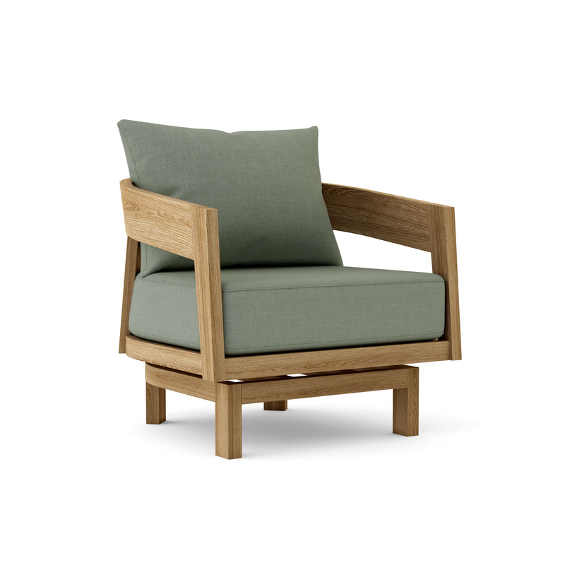 Toscana teak swivel chair with cast sage cushion on white background.  
