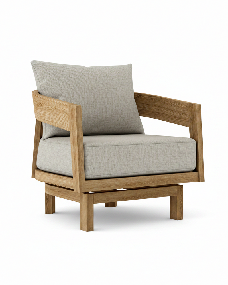 Toscana teak swivel chair with cast silver cushion on white background.  