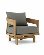 Toscana teak swivel chair with cast slate cushion on white background.  