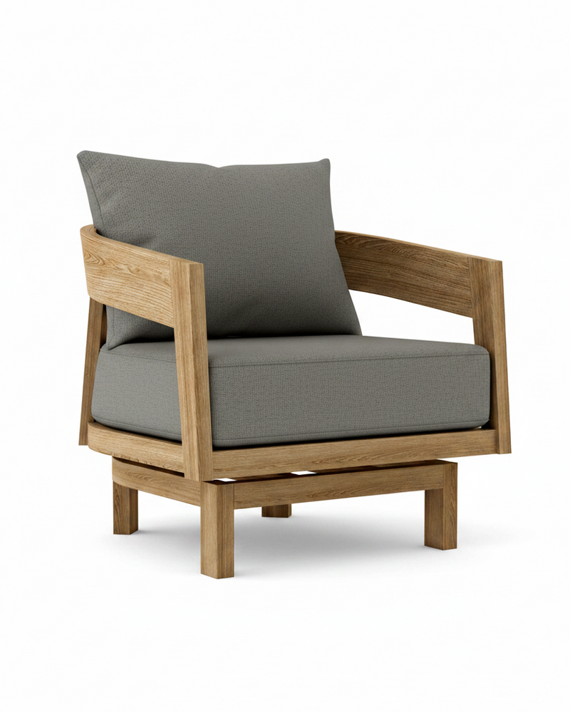Toscana teak swivel chair with cast slate cushion on white background.  