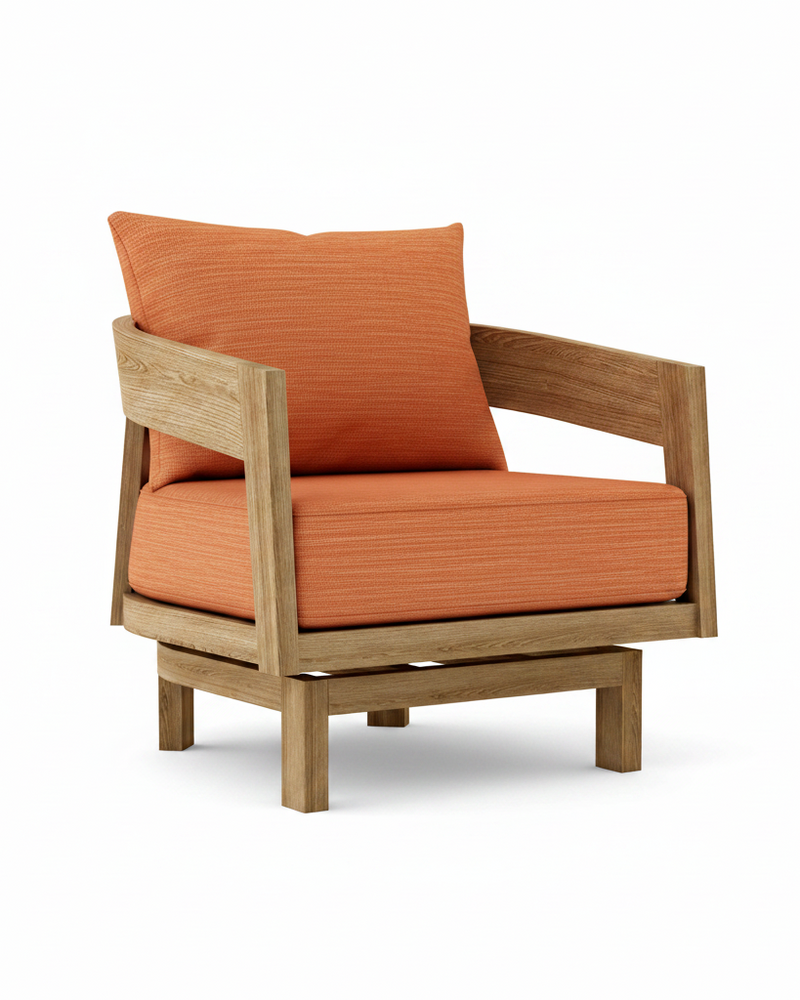 Toscana teak swivel chair with dupione papaya cushion on white background.  