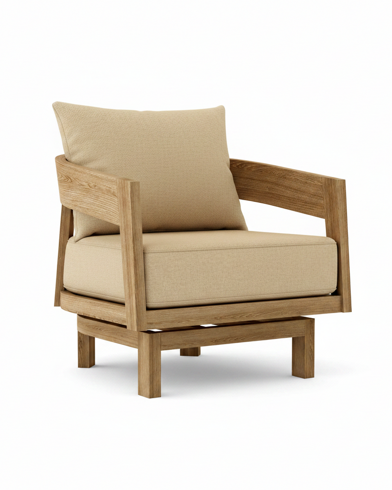 Toscana teak swivel chair with dupione sand cushion on white background.  