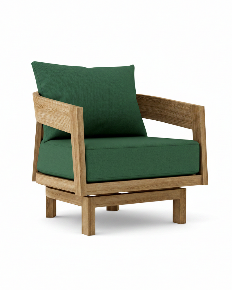 Toscana teak swivel chair with forest green cushion on white background.  