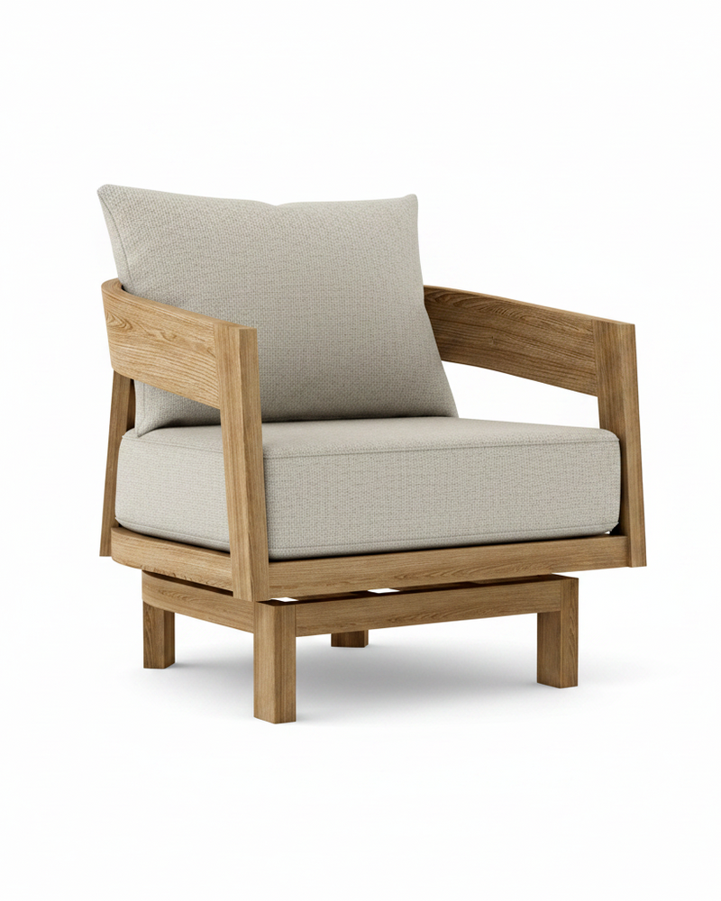 Toscana teak swivel chair with granite cushion on white background.  