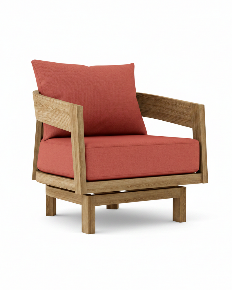 Toscana teak swivel chair with henna cushion on white background.  