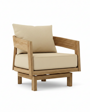 Toscana teak swivel chair with linen antique beige cushion on white background.  