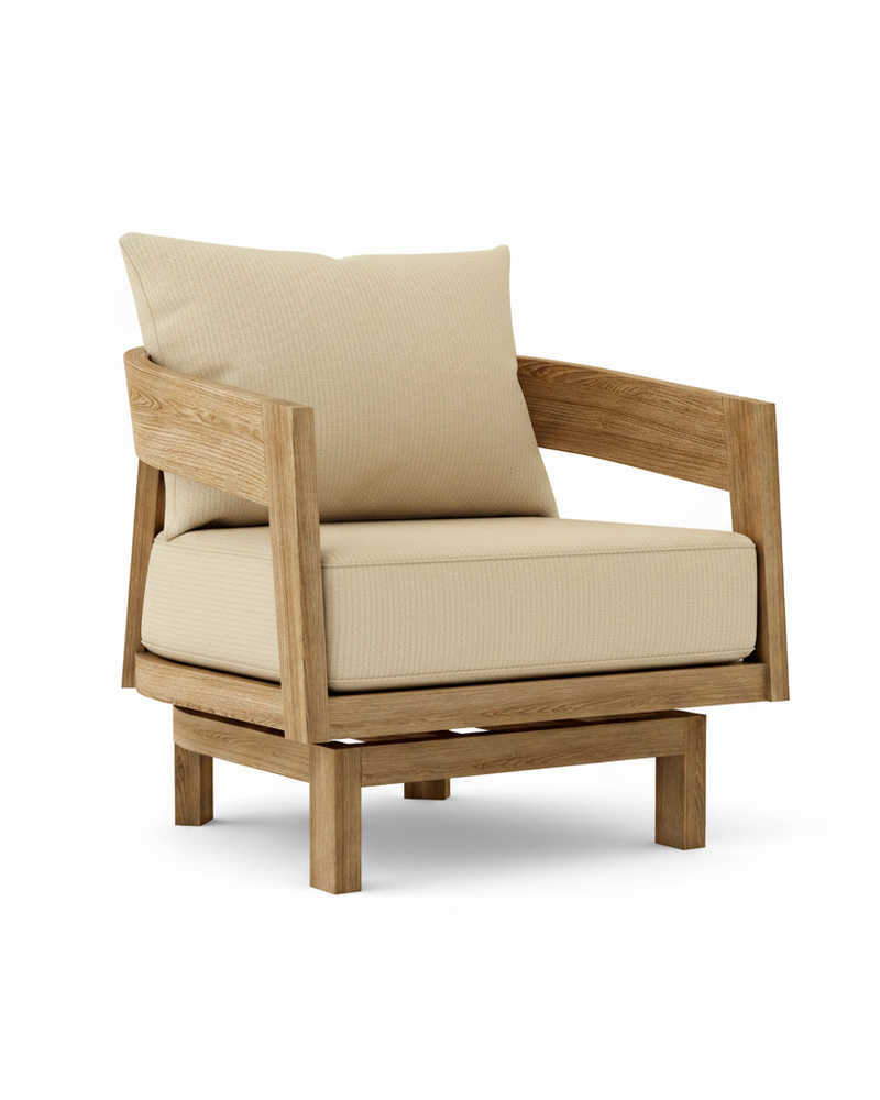 Toscana teak swivel chair with linen antique beige cushion on white background.  