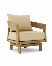 Toscana teak swivel chair with linen canvas cushion on white background.  