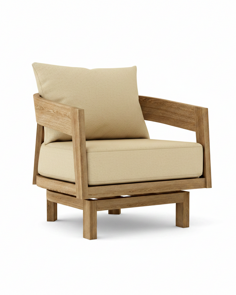 Toscana teak swivel chair with linen canvas cushion on white background.  