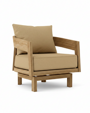Toscana teak swivel chair with linen sesame cushion on white background.  