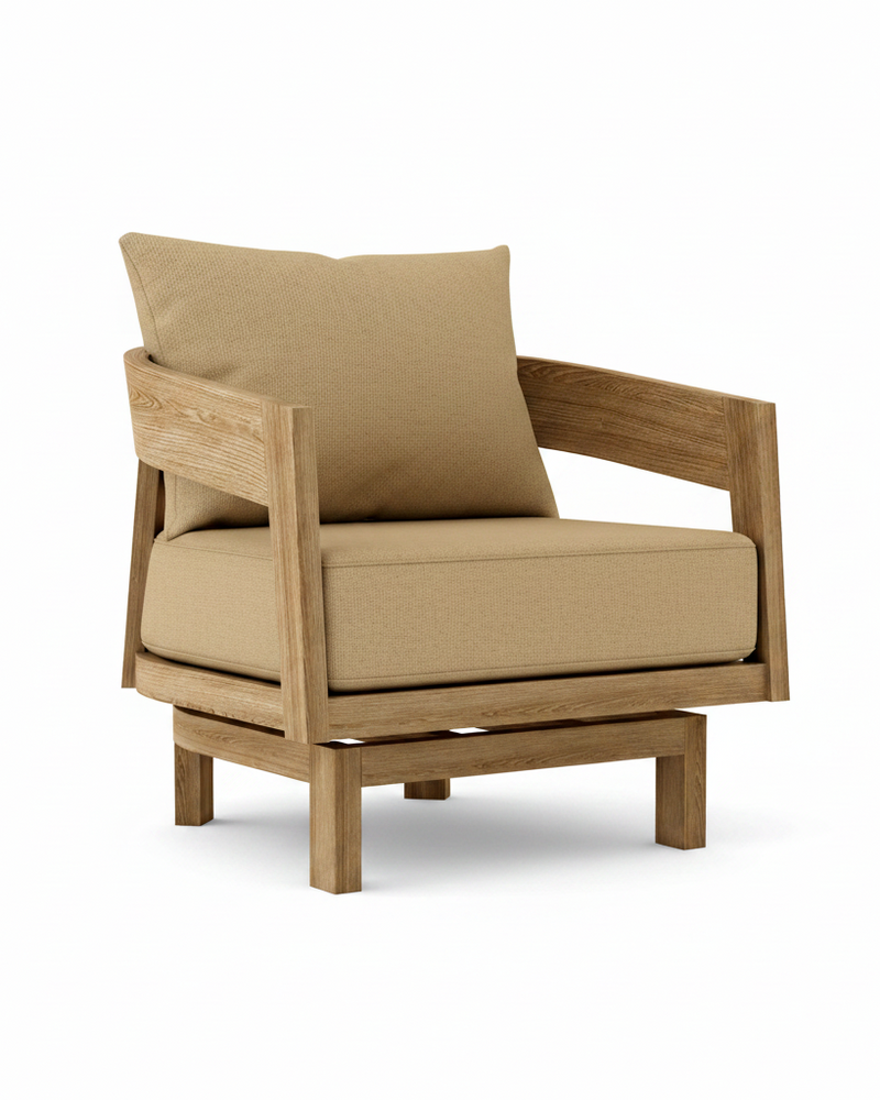 Toscana teak swivel chair with linen sesame cushion on white background.  