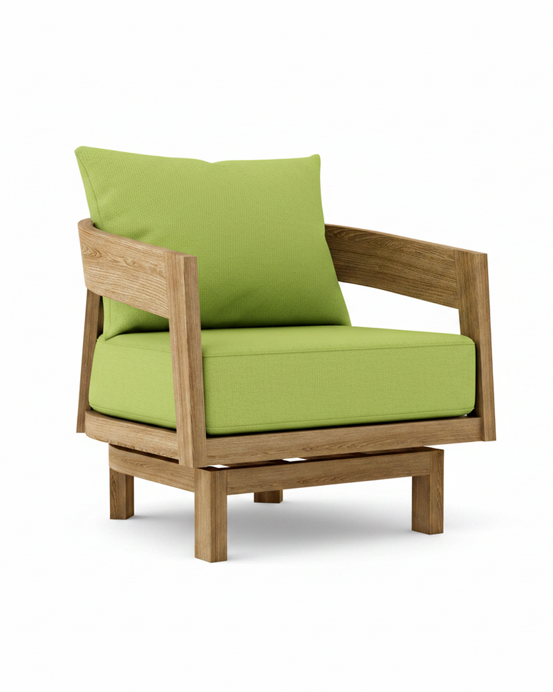 Toscana teak swivel chair with macaw cushion on white background.  