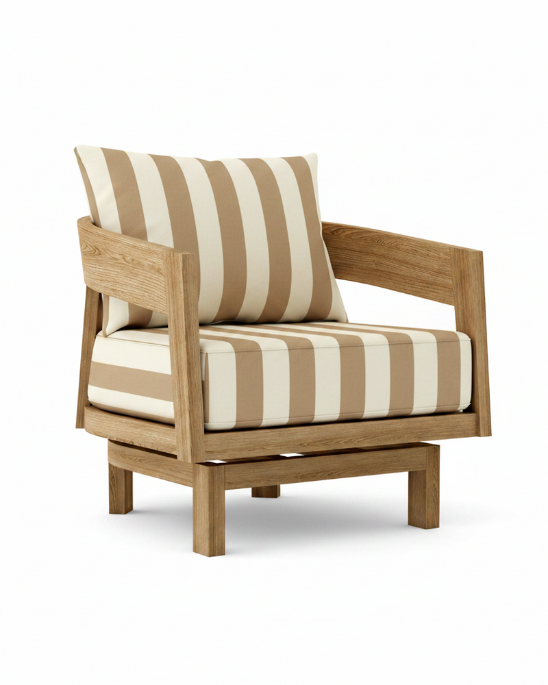 Toscana teak swivel chair with maxim heather beige cushion on white background.  
