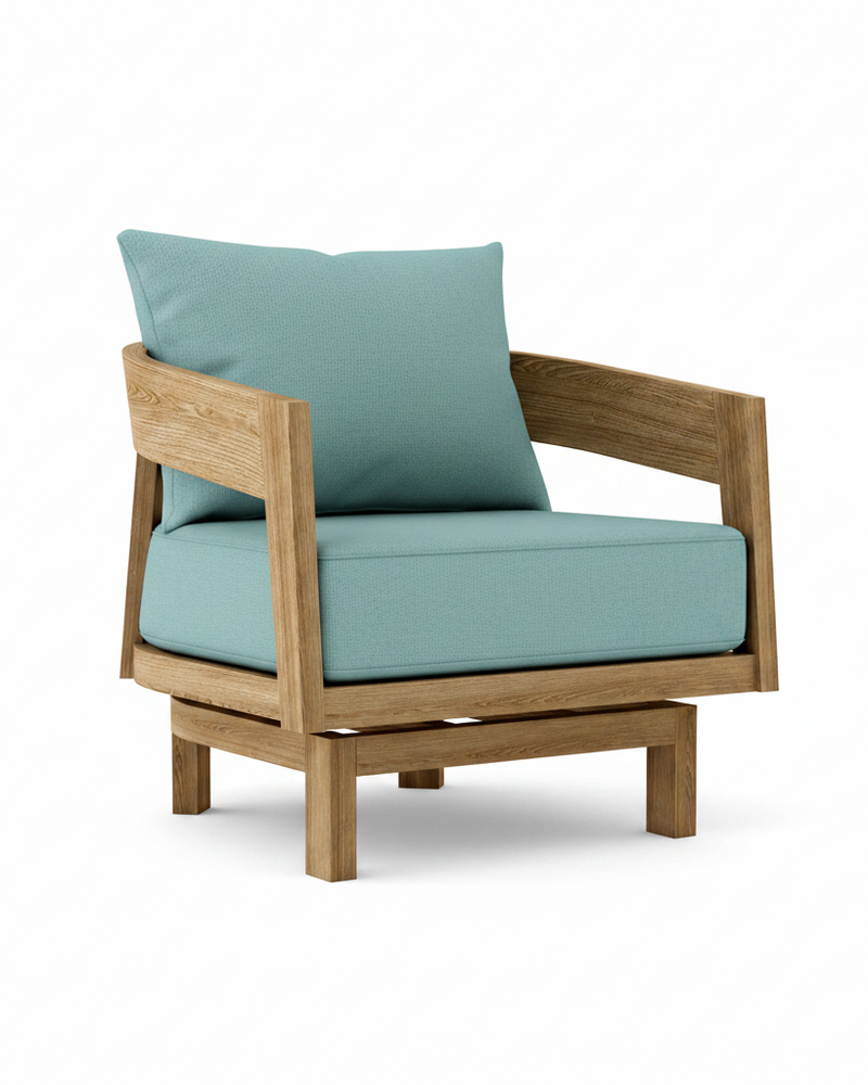 Toscana teak swivel chair with mineral blue cushion on white background.  