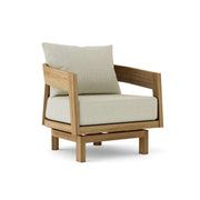 Toscana teak swivel chair with natural cushion on white background.  