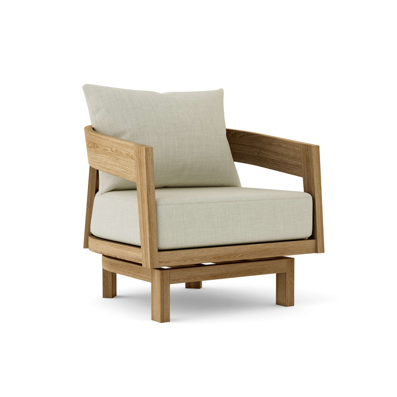 Toscana teak swivel chair with natural cushion on white background.  