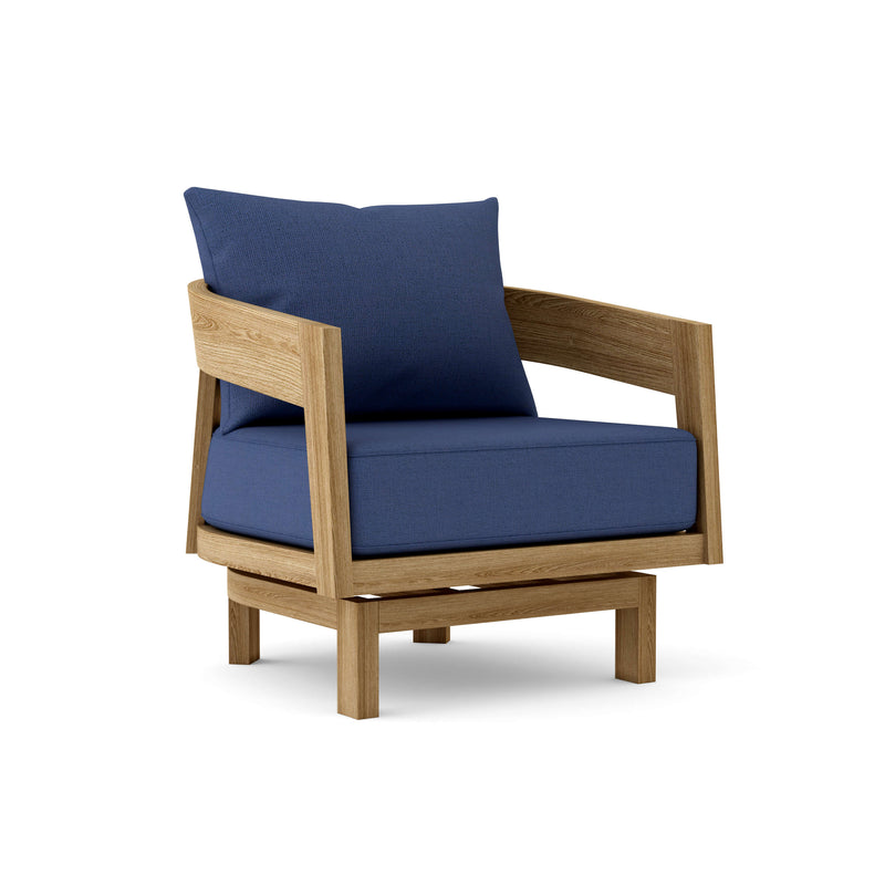 Toscana teak swivel chair with navy cushion on white background.  