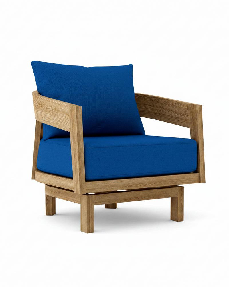 Toscana teak swivel chair with pacific blue cushion on white background.  
