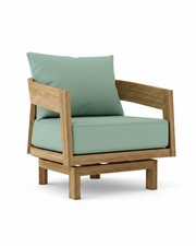 Toscana teak swivel chair with spa cushion on white background.  