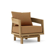Toscana teak swivel chair with teak cushion on white background.  