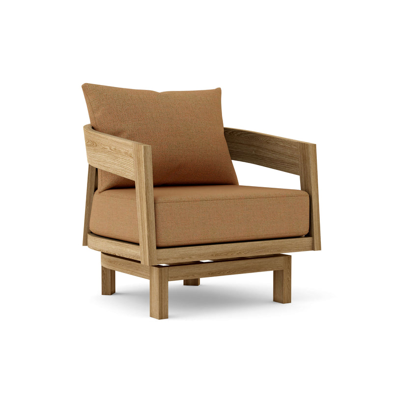 Toscana teak swivel chair with teak cushion on white background.  