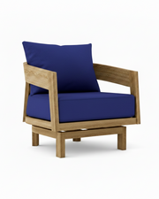 Toscana teak swivel chair with true blue cushion on white background.  
