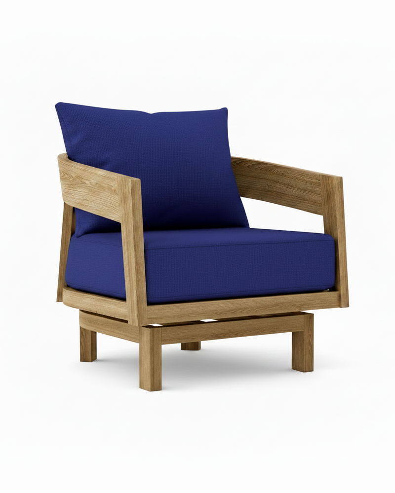 Toscana teak swivel chair with true blue cushion on white background.  