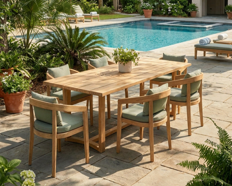 Outdoor dining set with a rectangular wooden table and six matching armchairs with light green cushions, arranged on a stone patio beside a swimming pool and tropical plants.