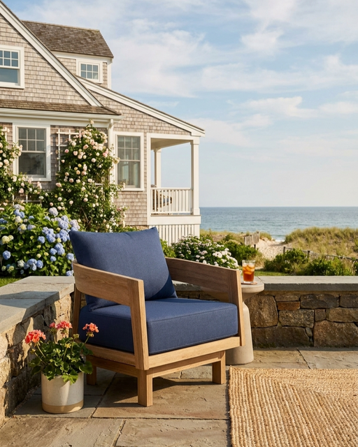 Toscana teak swivel chair with navy cushion on stone patio near a  coastal home with views of the ocean.  