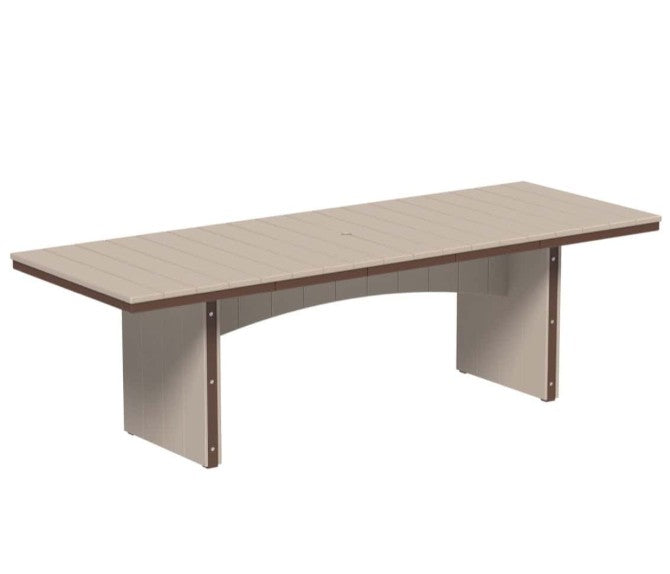 Weatherwood and chestnut brown urban dining table 3x8 rectangular on a white background.  