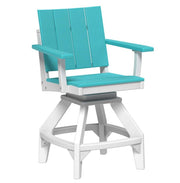 A swivel bar stool with a turquoise blue seat and backrest, supported by a white four-legged base with a gray footrest, shown on a plain white background.