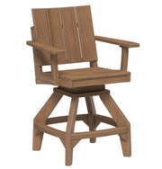 A brown swivel barstool chair with a slatted backrest and armrests, shown on a plain white background.