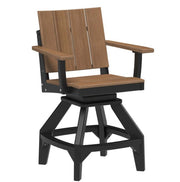A swivel outdoor bar stool with a black frame and brown wood-look seat and backrest slats, shown on a plain white background.