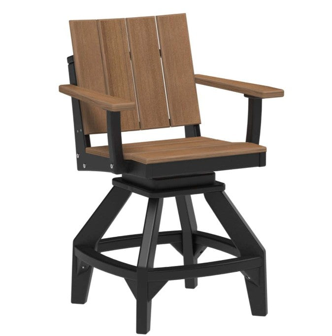 A swivel outdoor bar stool with a black frame and brown wood-look seat and backrest slats, shown on a plain white background.